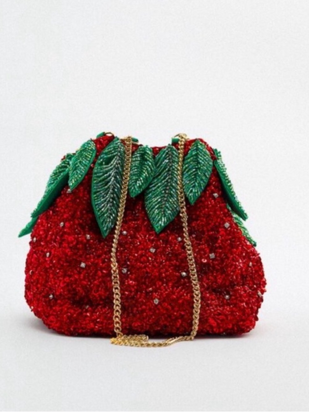 Zara Strawberry Beaded Bucket Chain Shoulder Bag Purse Red